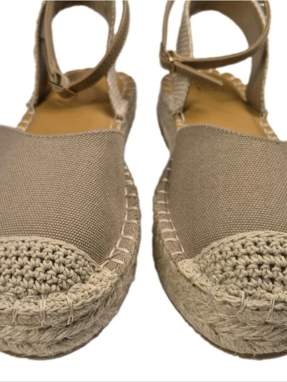 Espadrilles Beige Canvas Sz 8.5 Ankle Strap Close Toe Cushion Insole NWOB